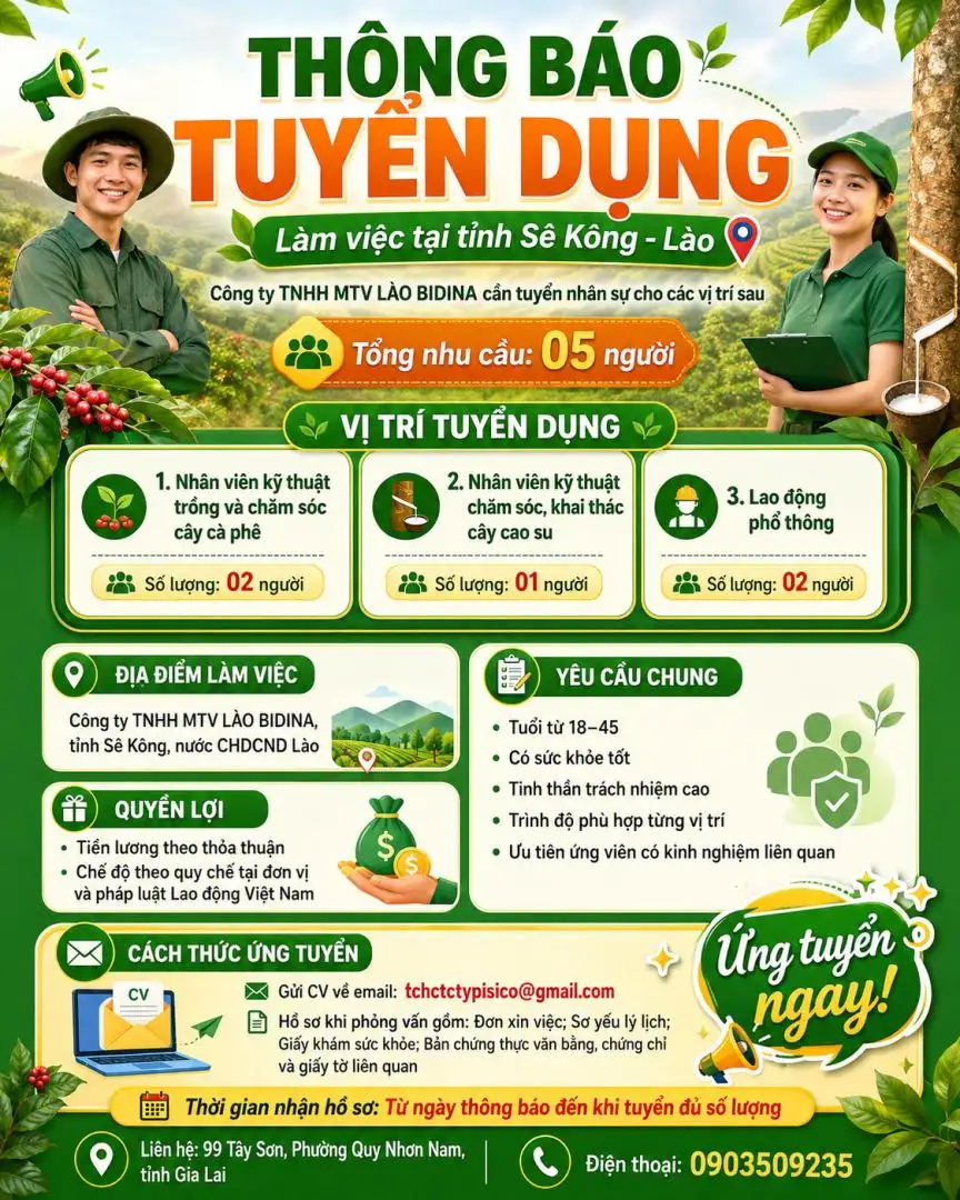 PISICO tuyển dụng 05 nhân sự làm việc tại Lào